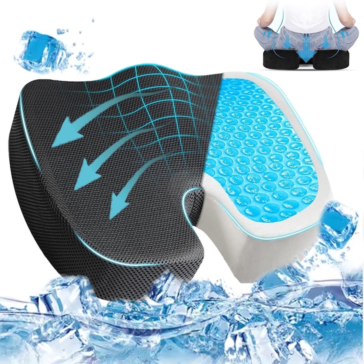 Orthopedisch zitkussen - Stuitkussen - TENZHVXI® - Gemaakt van traagschuim en gel - Met afneembare hoes - Voor bureaustoel of autostoel - Biedt comfort aan het stuitje - Ademende en antislip hoes