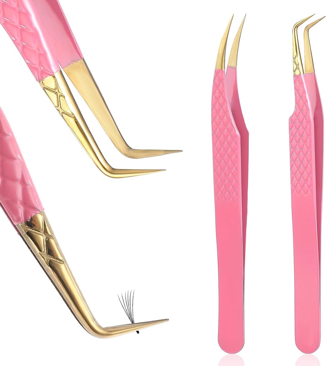 Set van 2 Professionele Wimperpincetten van Roestvrijstaal met Gebogen Punt voor Wimperextensions en Make-up Toepassingen, Roze