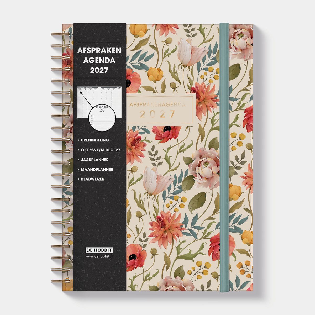 Hobbit - Afsprakenagenda 2027 - A4 (21 x 29,7 cm) - Tijdindeling per kwartier - Zakelijke Agenda - 1 week op 2 pagina's - Ringband Agenda - Harde Kaft - Vintage Bloemen