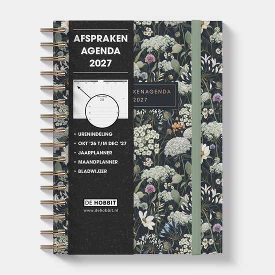 Agenda 2027 van De Hobbit met weidebloemendessin, spiraalbinding en productdetails in een zwarte kolom.