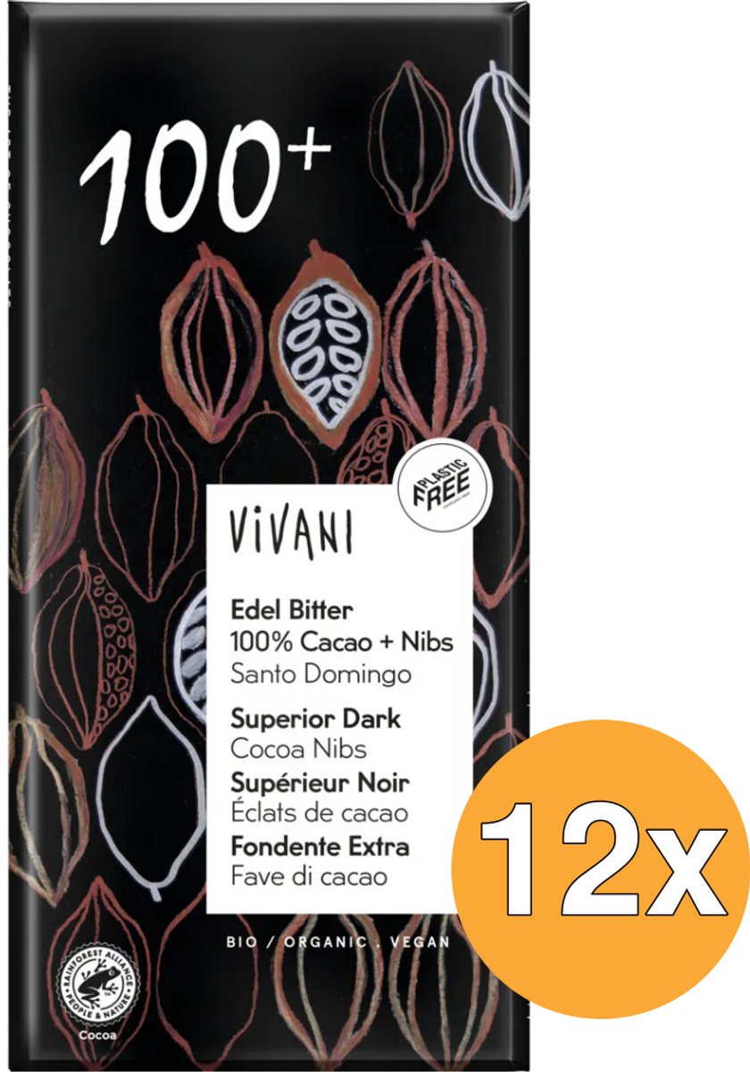 12x Vivani Chocolade Puur Superieur 100% + Cacao Nibs Bio (80 gr)