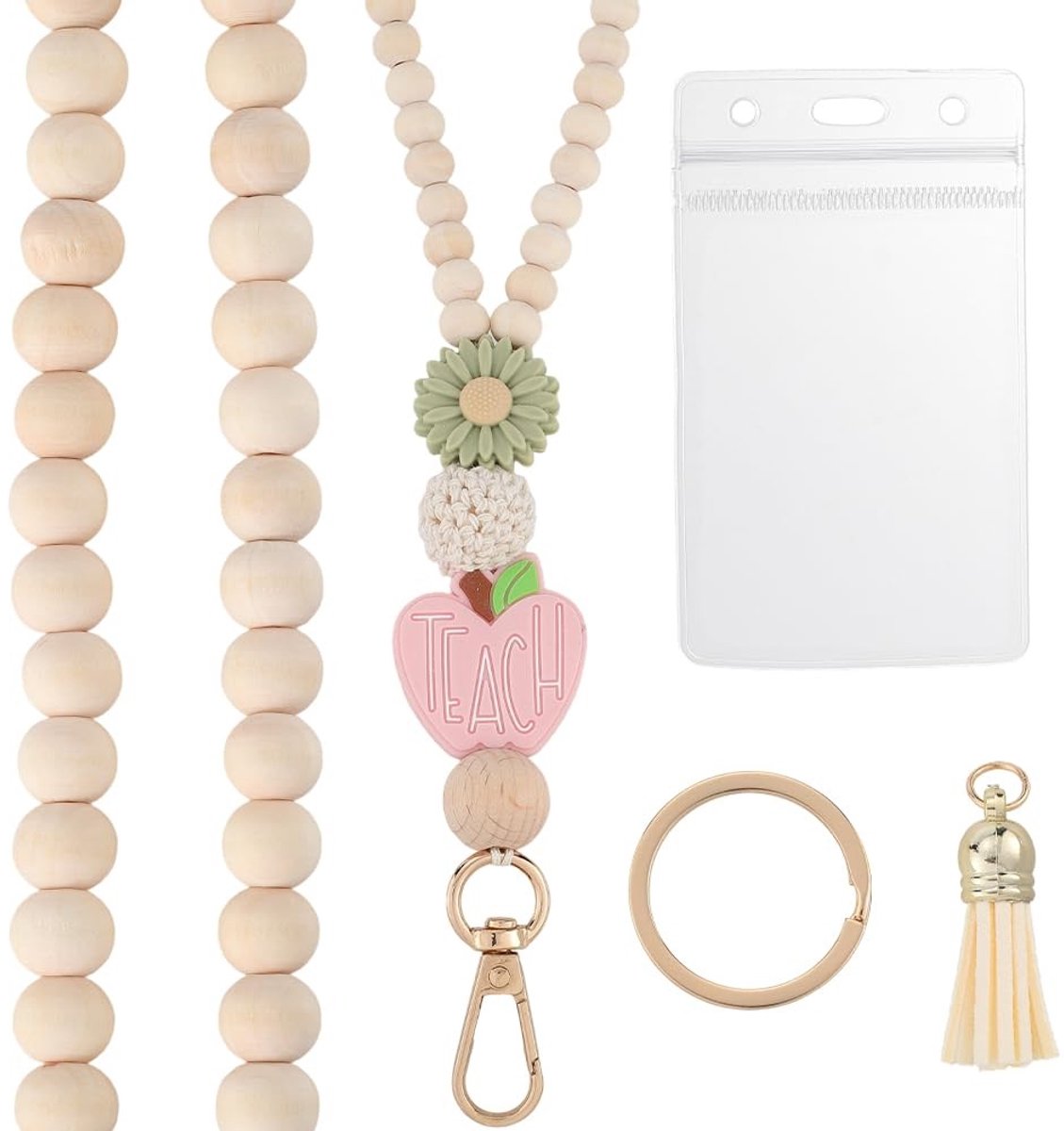 Dailygoods - Houten Boho Lanyard met Bloem en Sleutelhanger voor ID Badges