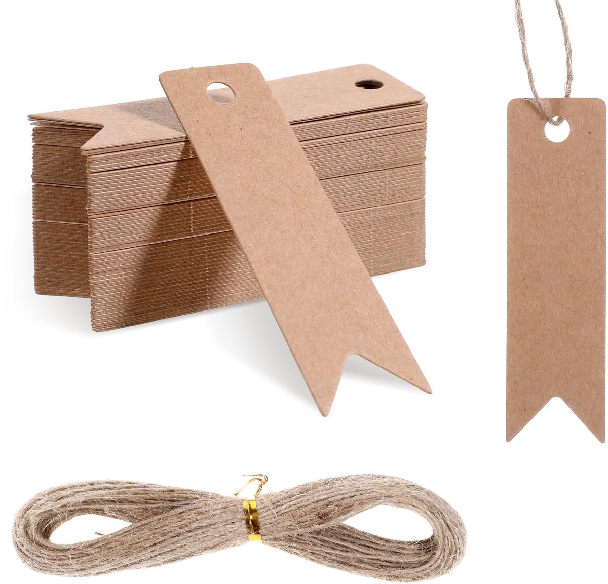 Dailygoods- Cadeauhangers 100 stuks - Kraftpapier 2 x 7 cm - Jute koord 20 m - Blanco labels - Bruin - Voor bruiloft/Kerstmis - Cadeaulabels