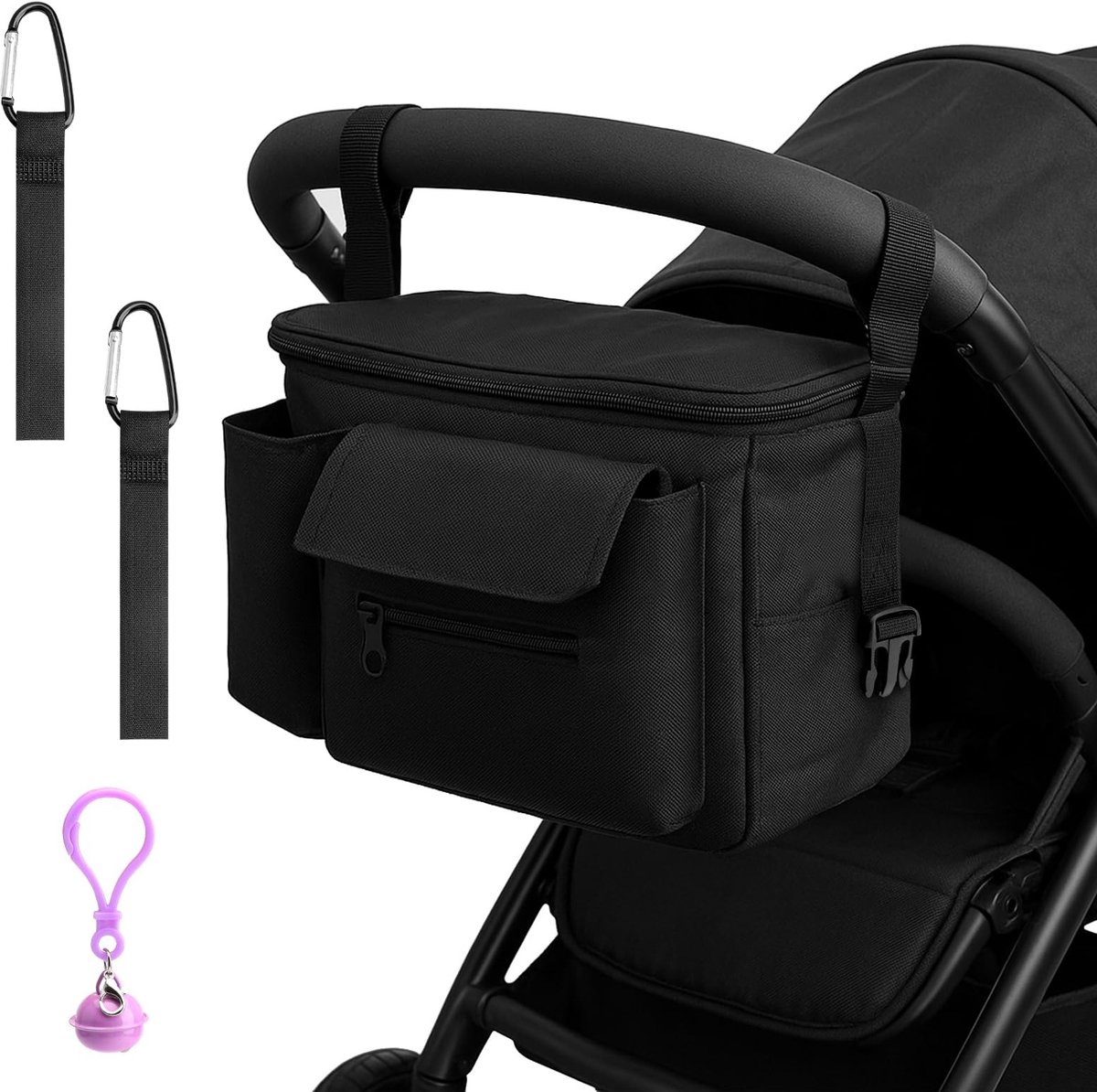 Dailygoods- Luiertas Zwart - Kinderwagen Organizer - Buggy-Tas - Verstelbare Schouderbanden - Drinkflessentas - Oxford-Stof 33 x 17 x 19 cm - Kinderwagentas