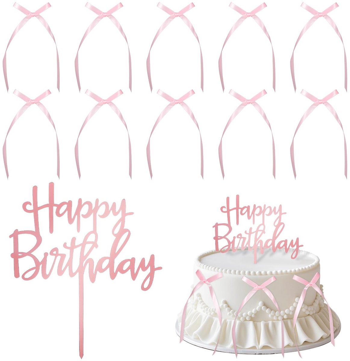 Dailygoods- Taartdecoratie 10 Stuks - Roze Strikken - Happy Birthday Taarttopper - Decoratie voor Verjaardag - Bruiloft - Hoogwaardig Polyester/Acryl - Taarttoppers