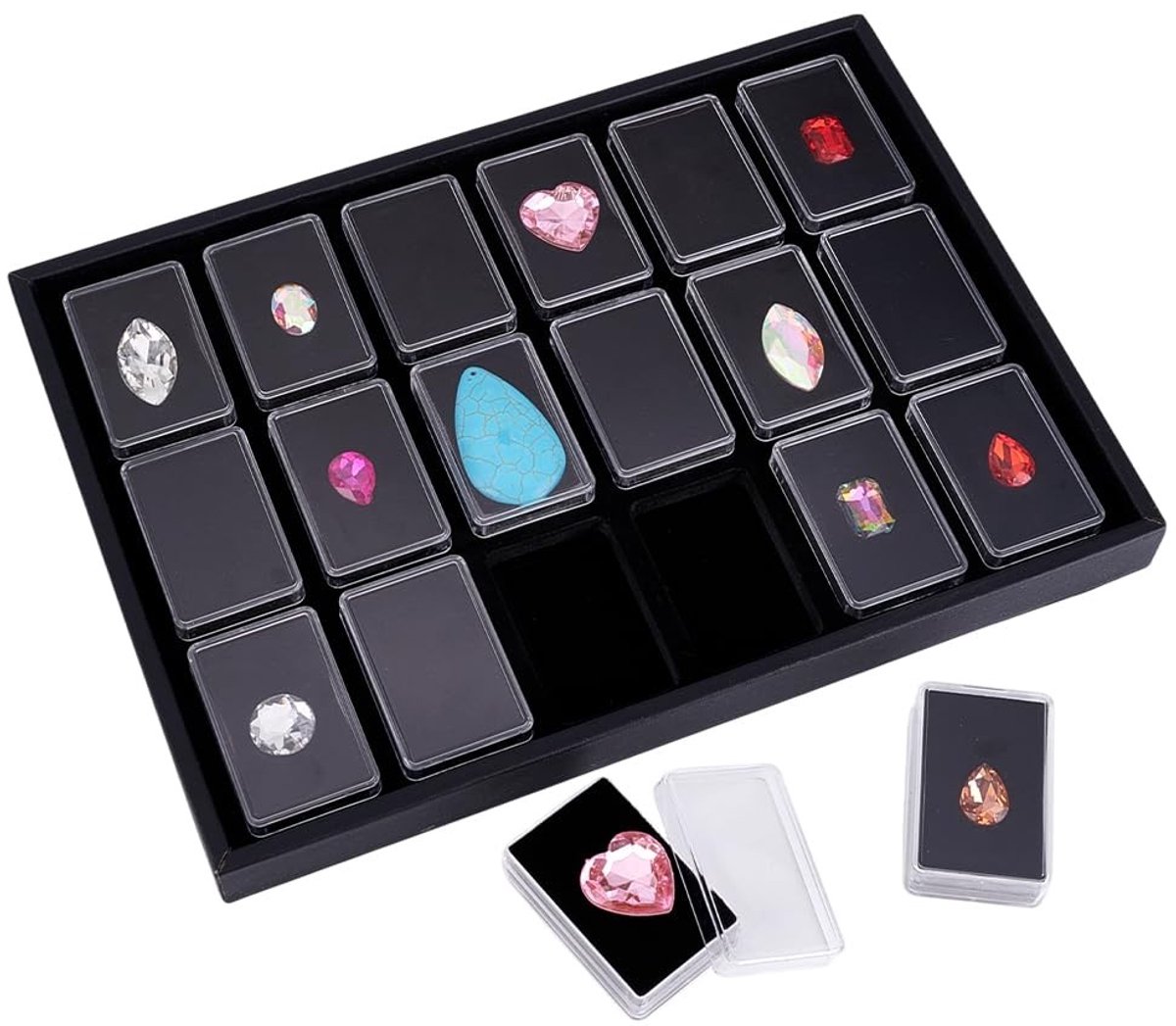 Dailygoods- Edelstenen Houder - 18 Stuks - Opbergdoos met Deksel - Organizer - Displaydoos - Zwarte Buitendoos - Inclusief Sponsmat