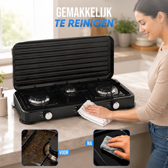 Royal Swiss® Gasfornuis 3-Pits - Gaskooktoestel met Deksel - Camping Kooktoestel - Geschikt voor Propaan en Butaan - Zwart van Royal Swiss — afbeelding 3