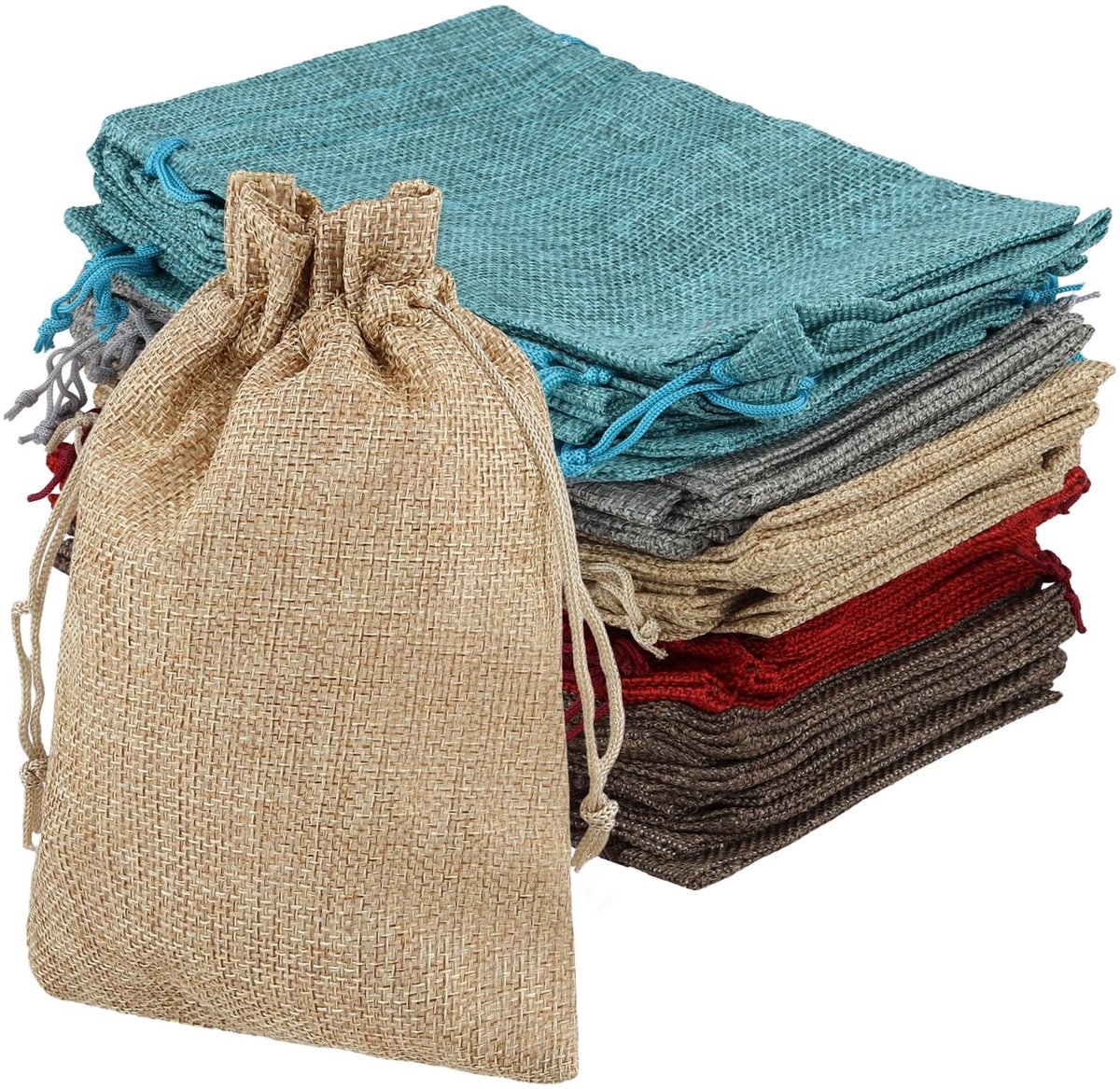 Dailygoods- Jute Zak Voordeelverpakking 50 Stuks - Jute Zakjes 13 x 18 cm - Cadeauzakjes - Kleurrijke Zakjes - Trekkoord - Unieke Textuur - Cadeauzakje