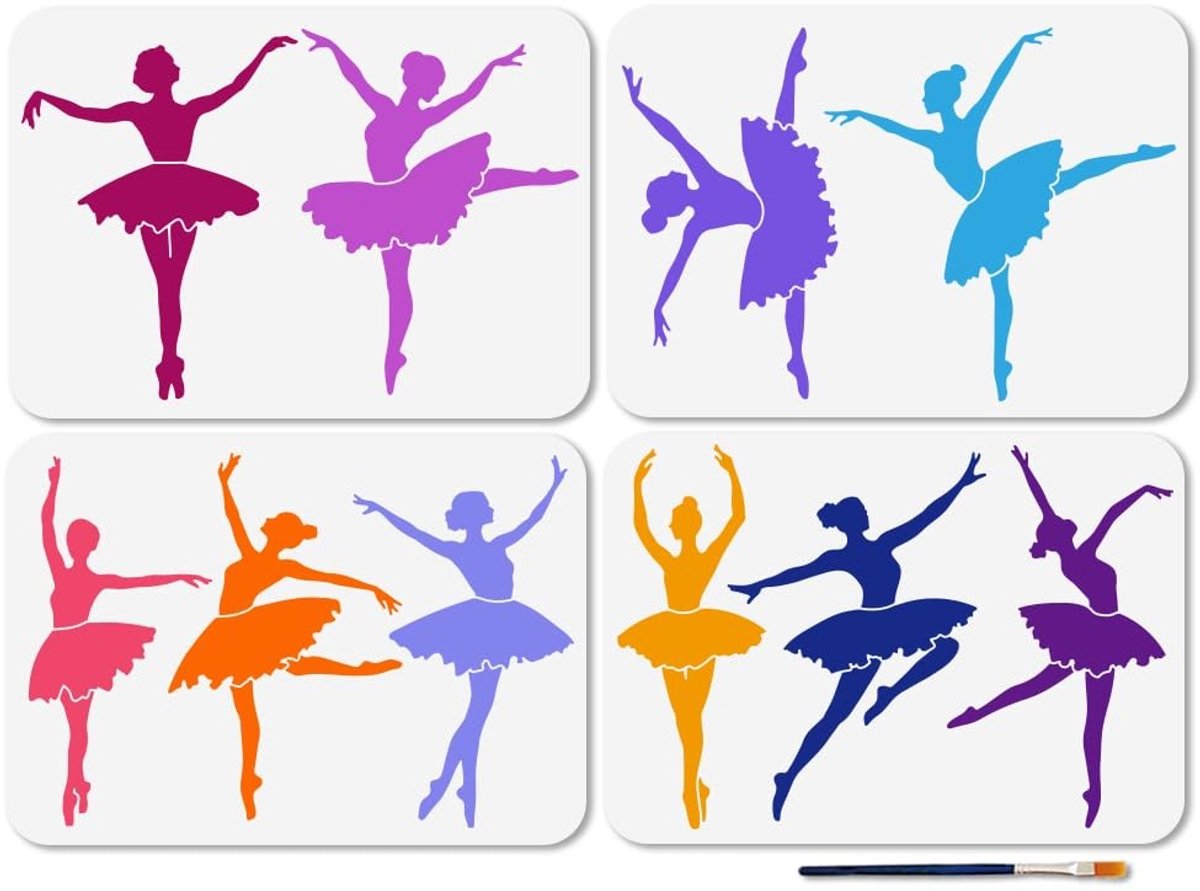 Dailygoods- Ballerinasjablonen 4 stuks - Herbruikbare Schildersjablonen - Kunststof - Balletdanser Silhouetten - Flexibel en Duurzaam - Inclusief Kunstpenseel - Schildersjabloon