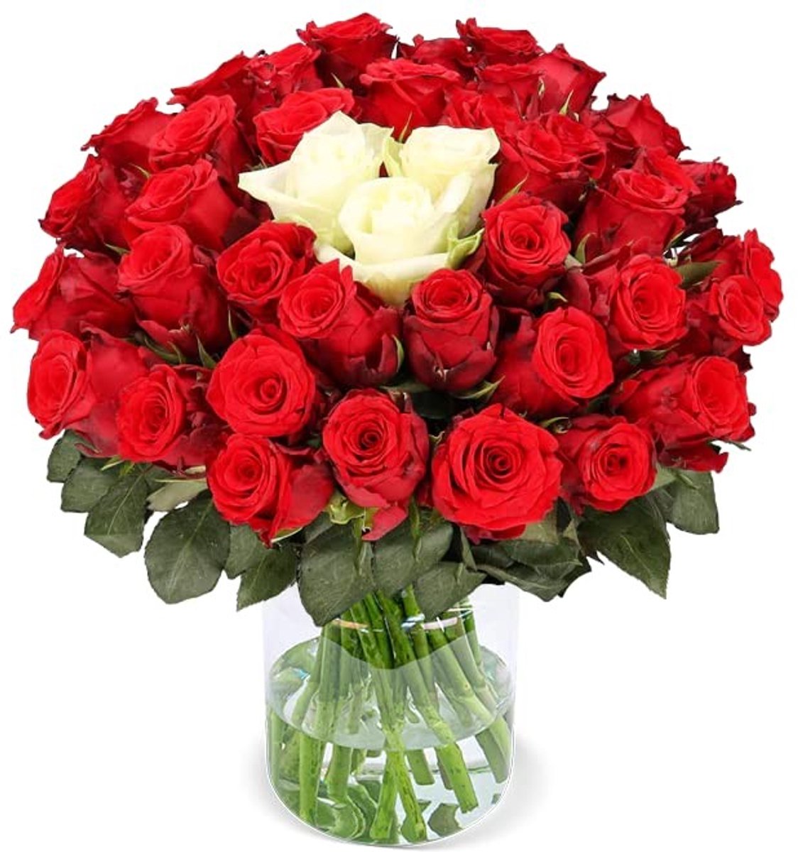 Dailygoods- Rozenboeket met witte rozen - 50 Rode/Witte Rozen - Diameter 40-50 cm - 7-Dagen Verversgarantie - Kwaliteit van de Bloemist - Ideaal Bloemencadeau - Bloemenboeket