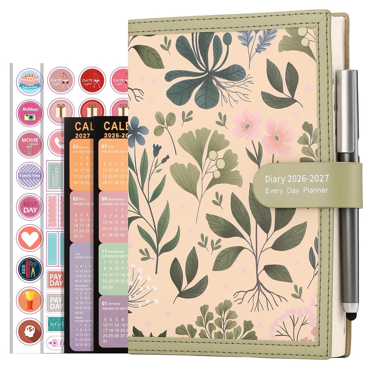 Dailygoods- Dagplanner A5 2026/2027 - 1 Dag per Pagina - Zachte Kaft - Inclusief Pen/Stickers - 80gsm Papier - Doelenpagina's - Agenda
