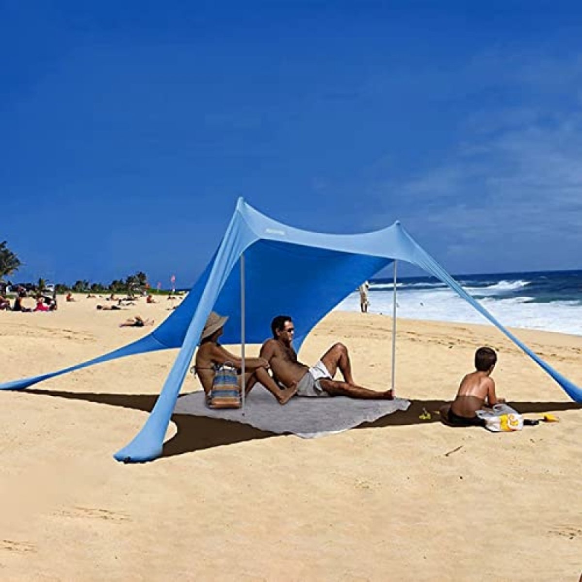Strandtent UV-bescherming UPF 50+ Waterafstotend Draagbaar Zonnedak met Zandankers en Aluminium Stangen - Blauw 210x150x170 cm
