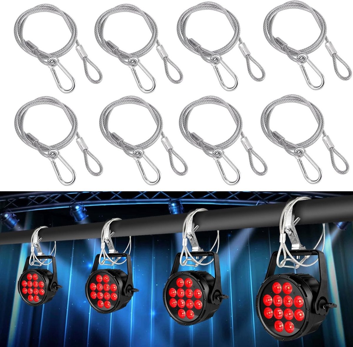 Veiligheidskabel voor Podiumverlichting 4mm×80cm, 8 Stuks Flexibele Antival Kabel met Haak, Geschikt voor LED Paneelverlichting, Tot 50kg Belastbaar, Stevige Ophangketting