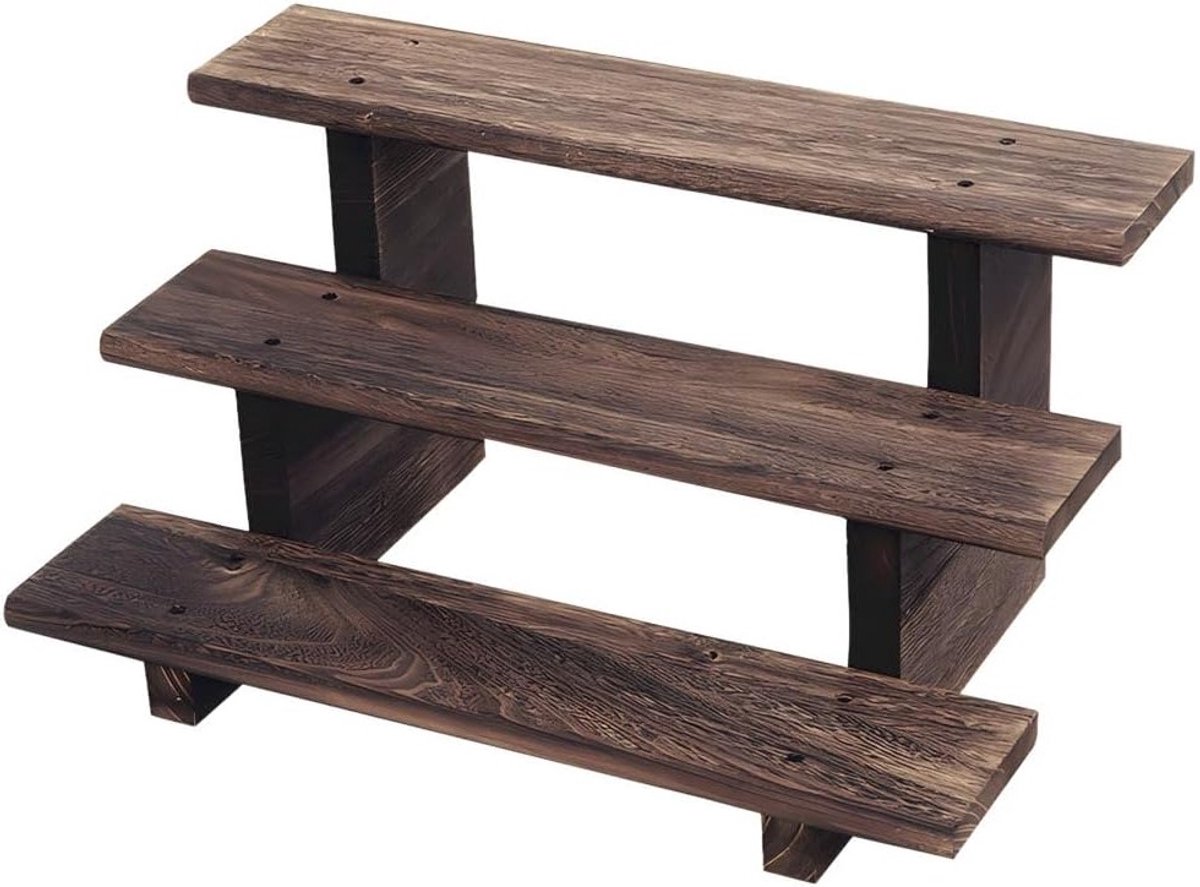 Houten Display Stand met 3 Niveaus, Vintage Plank voor Planten, Figuren en Decoratie, Ideale Organiser voor Tafel en Verzamelobjecten