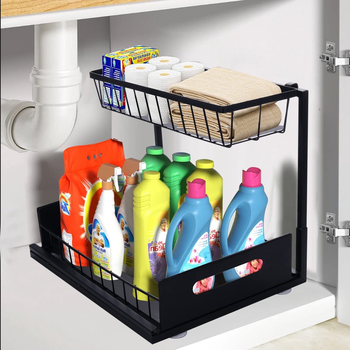 Dailygoods- Spoelbak-organizer Uittrekbaar ontwerp - Opbergrek keuken - Opbergrek badkamer - Opbergrek met 2 etages - Koolstofstaal - Afmetingen 36,5 x 14 x 6 cm