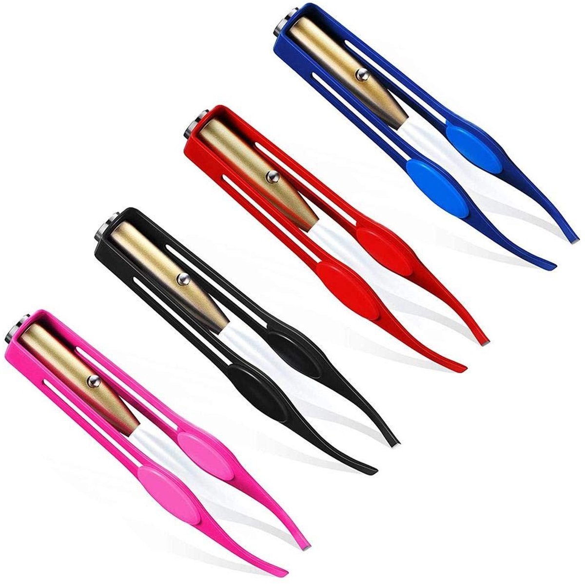 Dailygoods - Pincet Set - Precisie-pincet met LED-licht - 4 stuks - Roestvrij staal - Geschikt voor make-up en ontharing - Kleur zwart, blauw, rood, roze