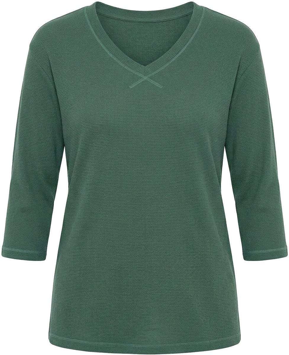 Ulla Popken - Dames - Sweatshirt piqué V-hals 3/4 mouwen biologisch katoen - Kaki - Maat 46+
