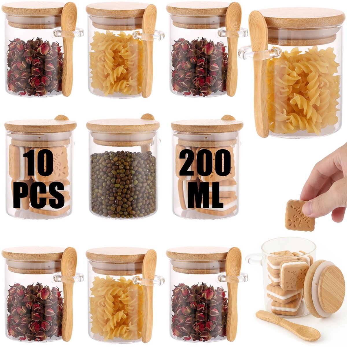 Dailygoods- Voorraadpotten Set van 10 - Luchtdichte Glazen - Met Deksel en Lepel - 200 ml - Stapelbare Potjes - Kristalhelder Borosilicaatglas - Opslagpotten