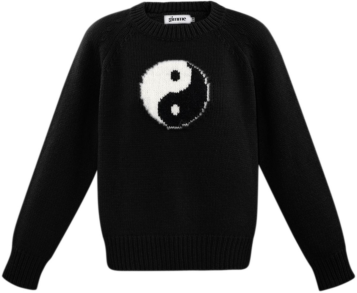 Moderne Gebreide Katoen Trui met Yin Yang Symbool - Zwart - Maat S/M