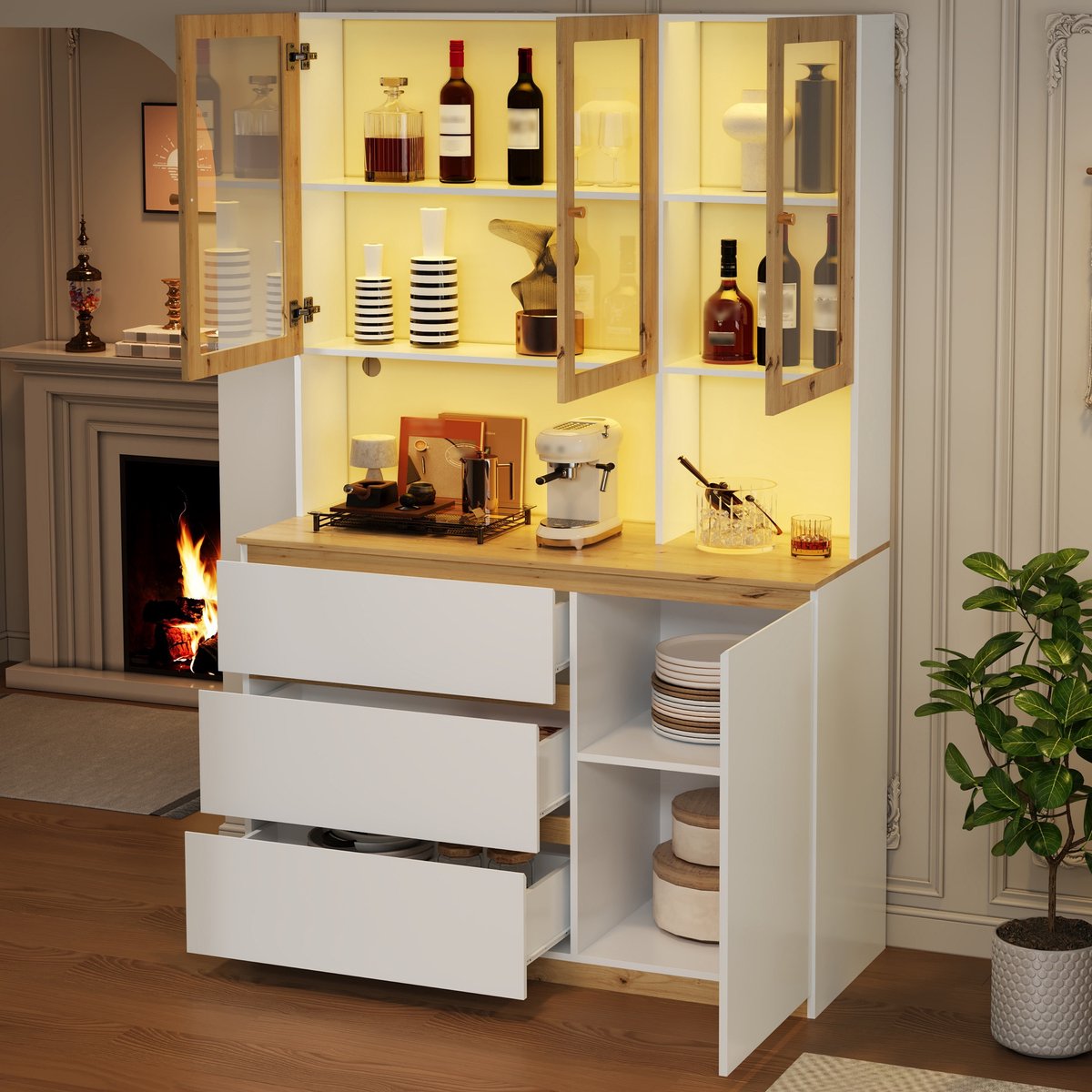 DESMIU Vitrinekast - Met Ledverlichting En Opbergruimte - Voor Woonkamer Eetkamer En Werkkamer - MDF - 120 x 200 cm - Wit En Eikenkleur