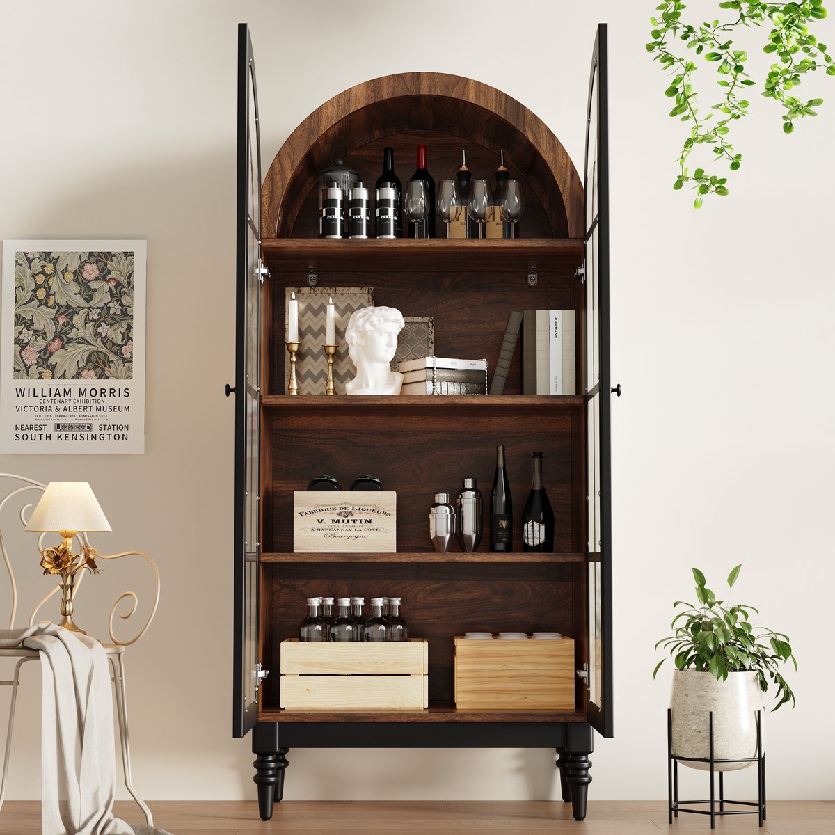 DESMIU Vitrinekast - Hoge Opbergkast Met Glazen Deuren En Vakken - Voor Keuken Woonkamer En Hal - MDF En Glas - 76x35,5x165 Cm - Zwart