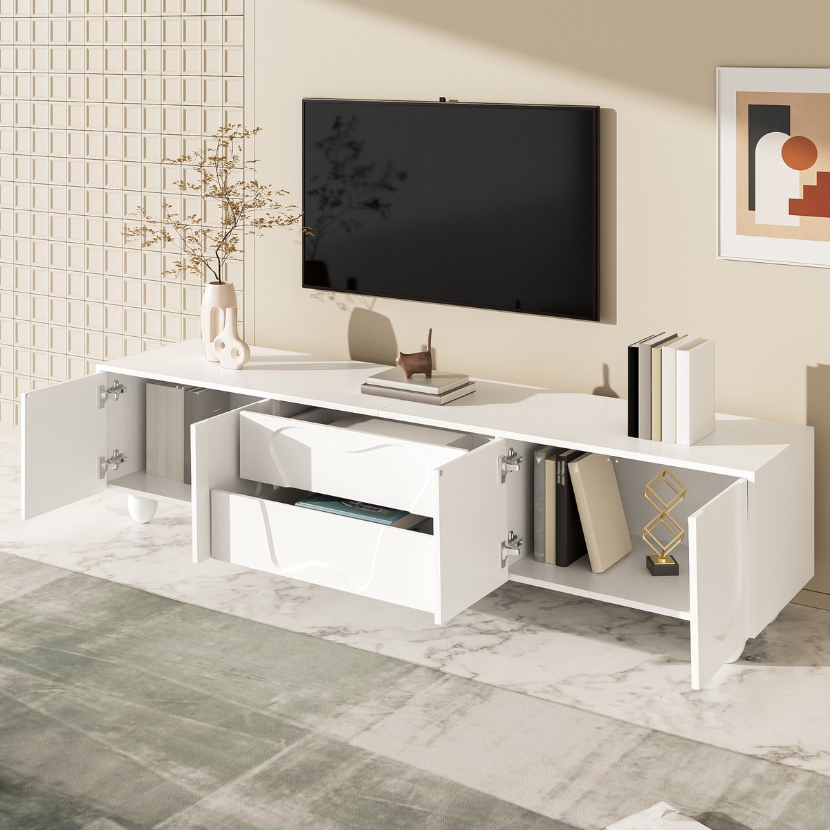 DESMIU Tv Meubel - Minimalistisch Ontwerp Met Veel Opbergruimte - Voor Woonkamer En Mediahoek - Spaanplaat En Massief Houten Poten - 180x40x42 Cm - Wit Zwart