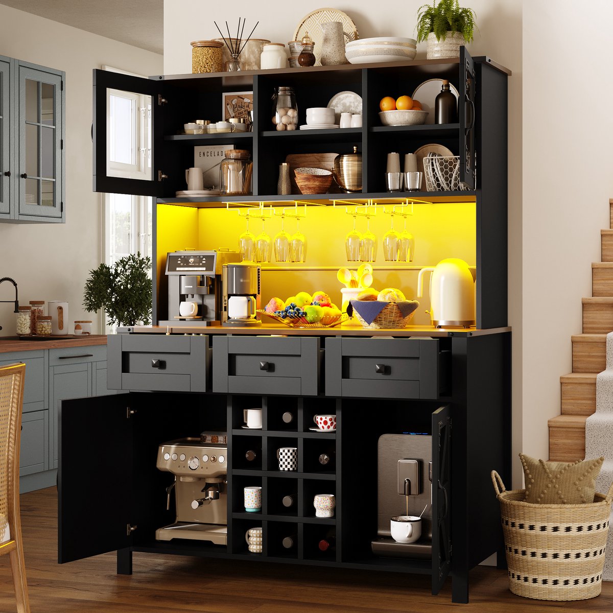 DESMIU Keukenkast - Hoge Opbergkast Met Ledverlichting En Stopcontacten - 4 Deuren En 3 Laden Voor Keuken En Woonkamer - MDF En Glas - 120x40x170 Cm - Zwart