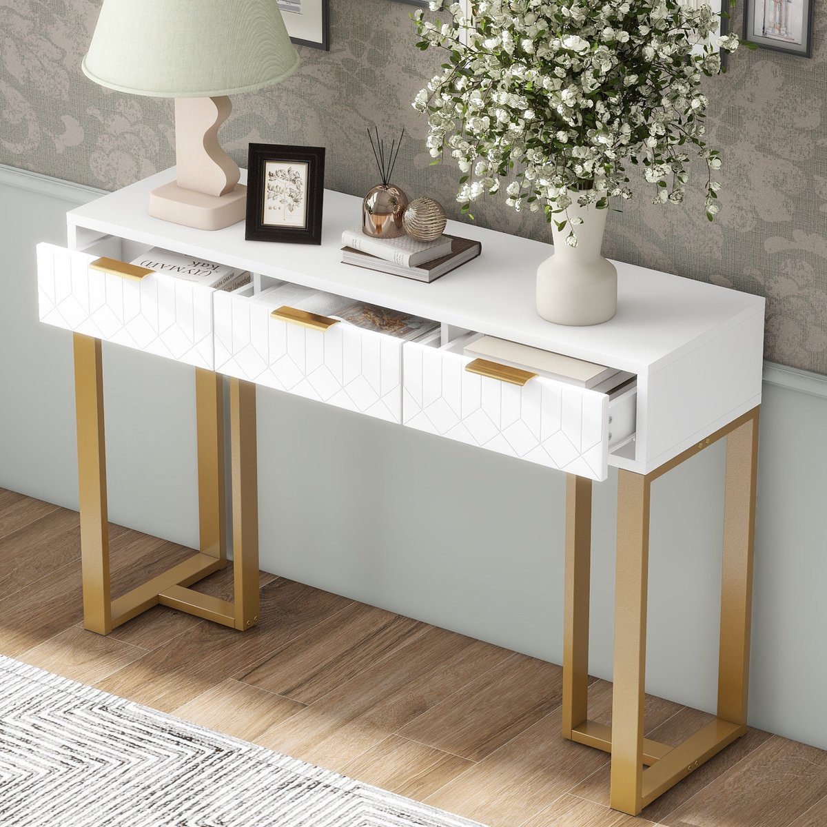DESMIU Consoletafel - Met Lades En Verstelbare Voetjes - Voor Hal Woonkamer En Kantoor - MDF En Metaal - 100x30x80 Cm - Wit Goud