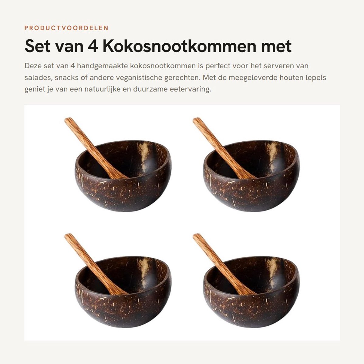 Dailygoods- Kokosnootkommen 4 stuks - Houten Lepels - Duurzaam - Biologisch - Keukenopslag - Handgemaakt 12x6 cm - Serveerschaal