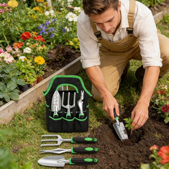 Tuingereedschapset, 8-delige zware tuingereedschapset, inclusief snoeischaar, handschoenen, hark, schep, enz., ergonomisch handgereedschap geschikt voor planten, snoeien en verplanten. van Merkloos	 — afbeelding 3