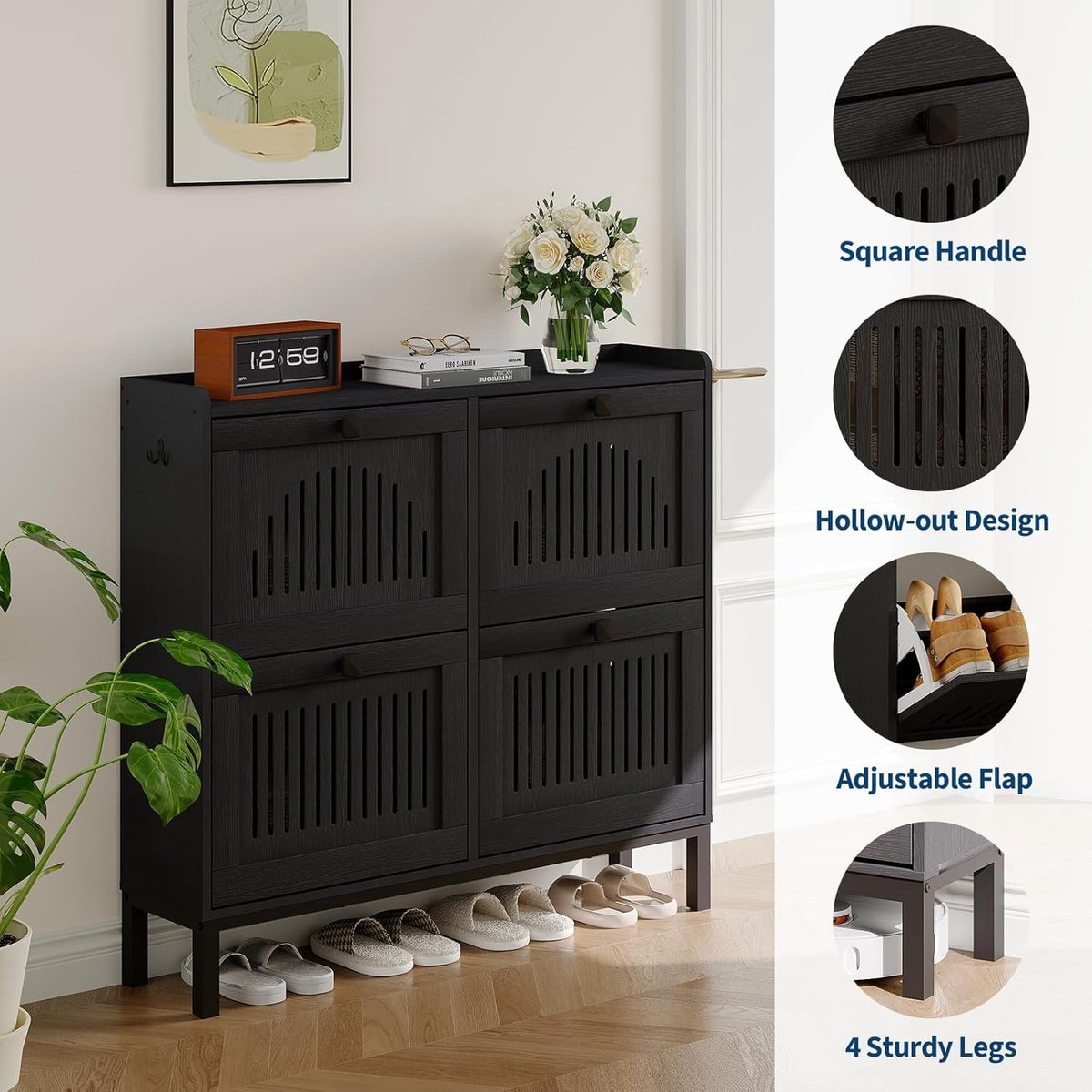 Schoenenkast Smal 4 Klappen – House&Garden Schoenenkipper 105x24x96 cm – Moderne Ruimtebesparende Schoenenkast Zwart – Schoenkast met Verstelbare Vakken voor 24–32 Paar Schoenen – Hal & Gang Opbergkast