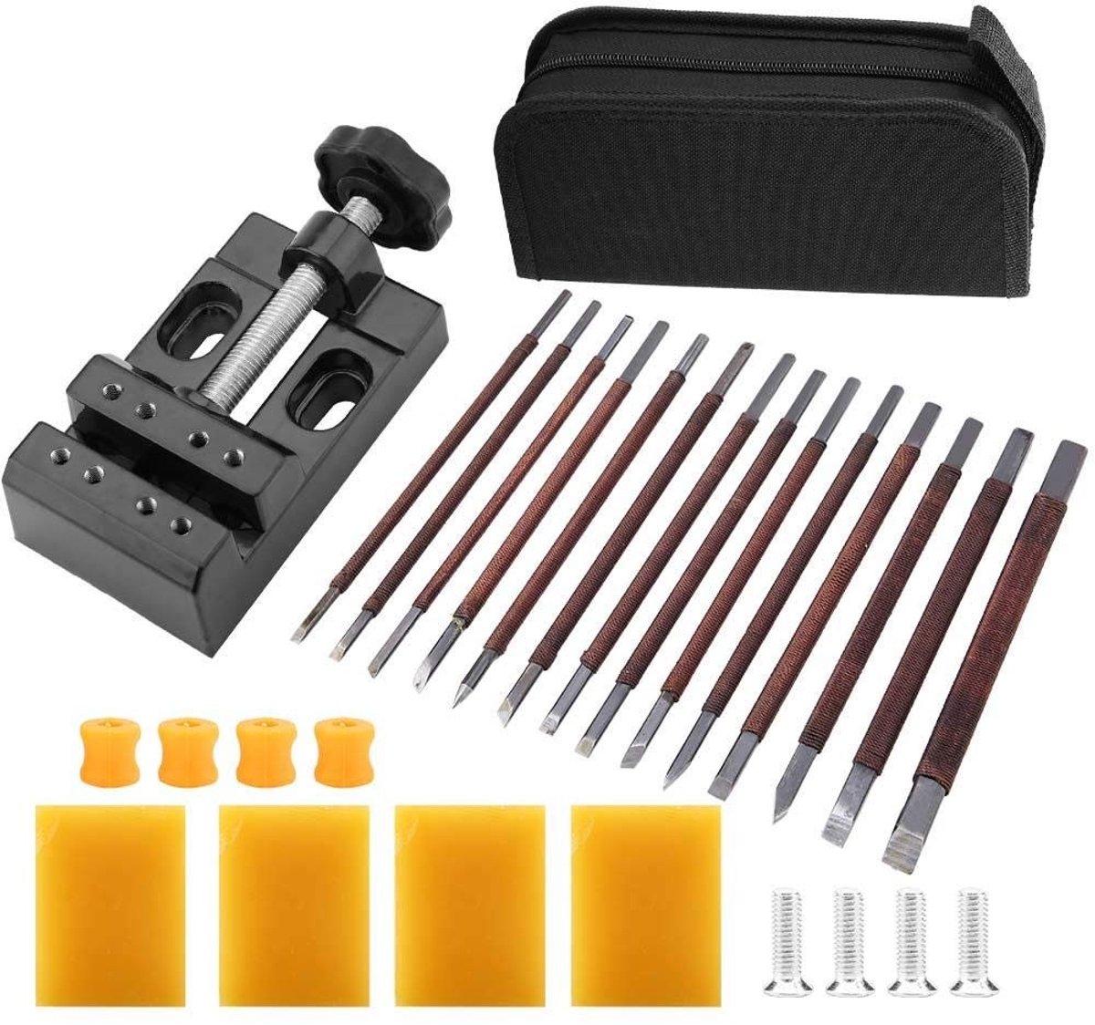 Dailygoods- Steensnijgereedschap Set van 18 - Manganese Stalen Mes - Opslagtas - Klembed 110x61x35mm - Inclusief Bijenwas - Lichtgewicht 599g - Beeldhouwgereedschap