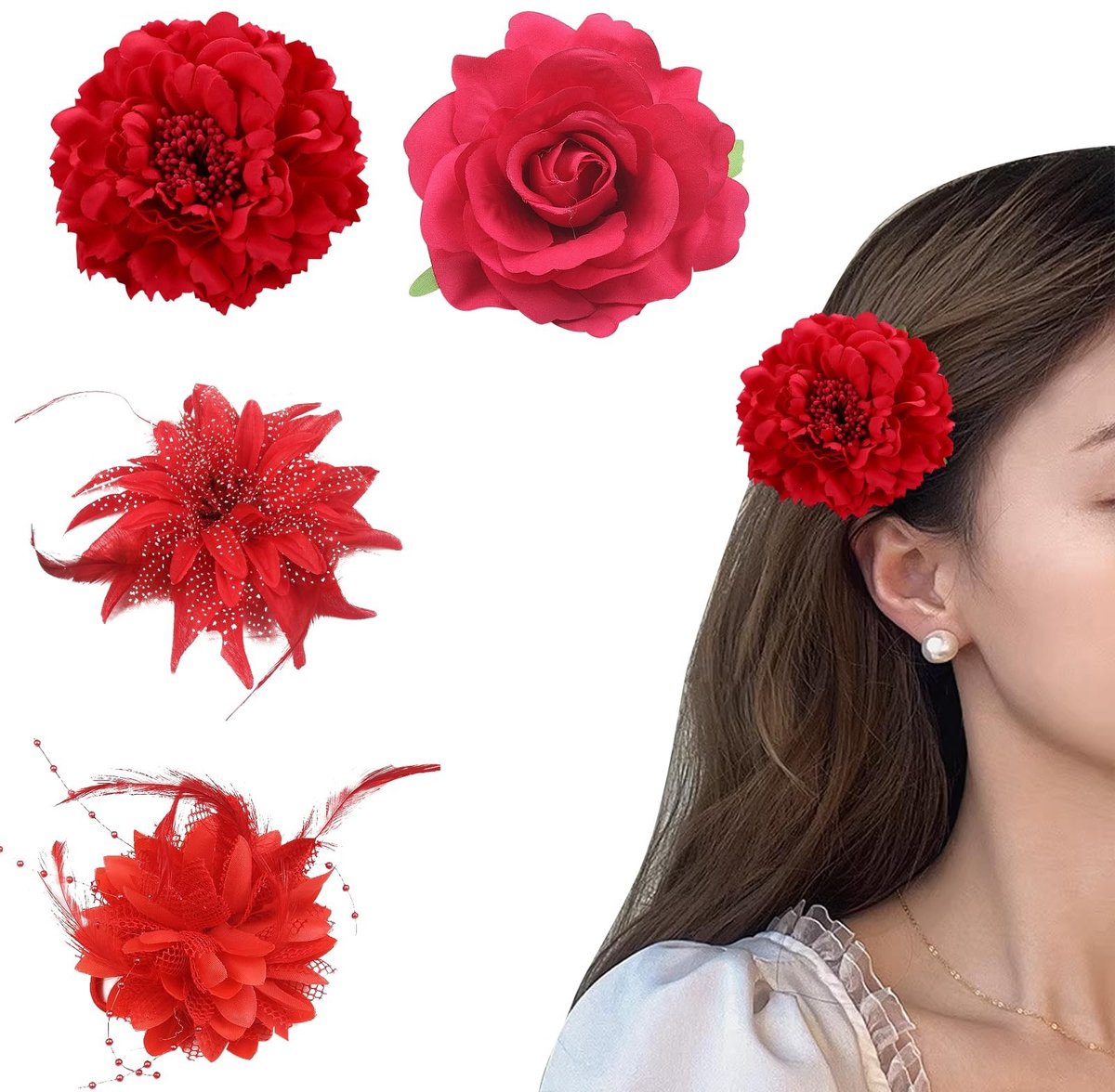 Dailygoods- Haarclip Bloem - 4 Stuks - Kunstbloem - Haarspeld/Broche - Feestdecoratie - Diameter 11-15 cm - Vervormt Niet