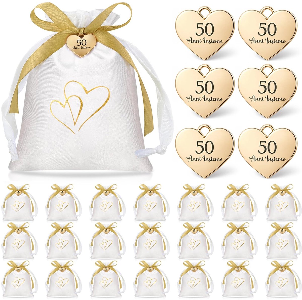 Dailygoods- Bruiloftsbedankjes 25 Sets - Satijnen Cadeautasje - Gouden Hartvormige Hanger - Herbruikbaar - Milieuvriendelijk - Elegant Aandenken - Bedankjes