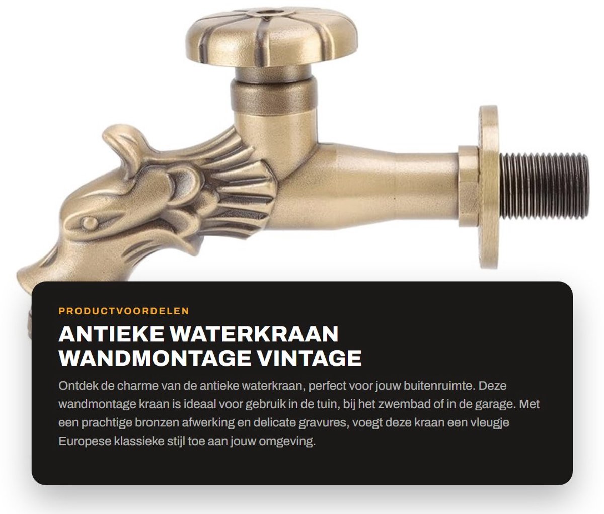 Dailygoods- Waterkraan Antiek - G1/2 Messing - Wandmontage - Buiten/Tuin - Vintage Stijl - Hoogwaardig Koper - Kraan