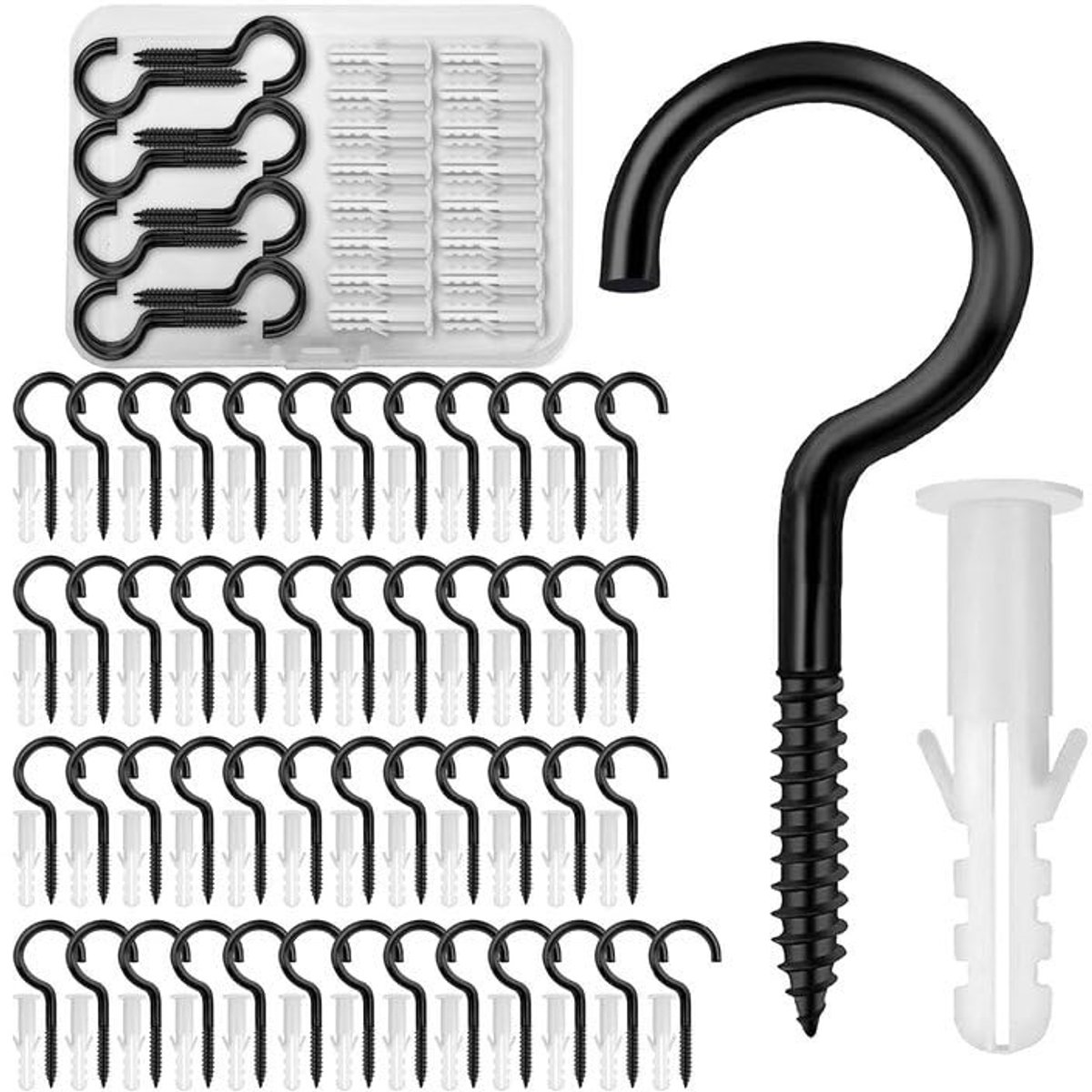 Dailygoods- Schroefhaken 50 Stuks - Zwart Roestvrij Staal - Wandhaken - Plafondhaken - Haakschroeven - Voor Hangmatten/Bloemenhangers - Eenvoudig te Installeren - Haakjes