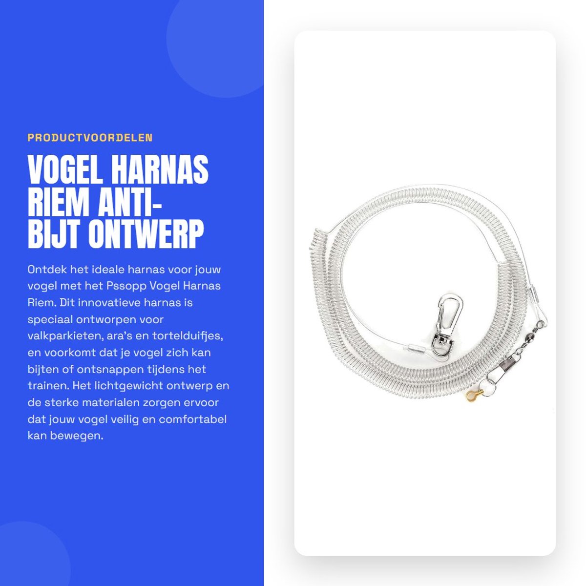 Dailygoods- Vogel Harnas Antibijt Ontwerp - Vluchttraining - Universele Pasvorm - Duurzaam Materiaal - 6m Reklengte - Geschikt voor Valkparkieten/Ara's - Vogelriem