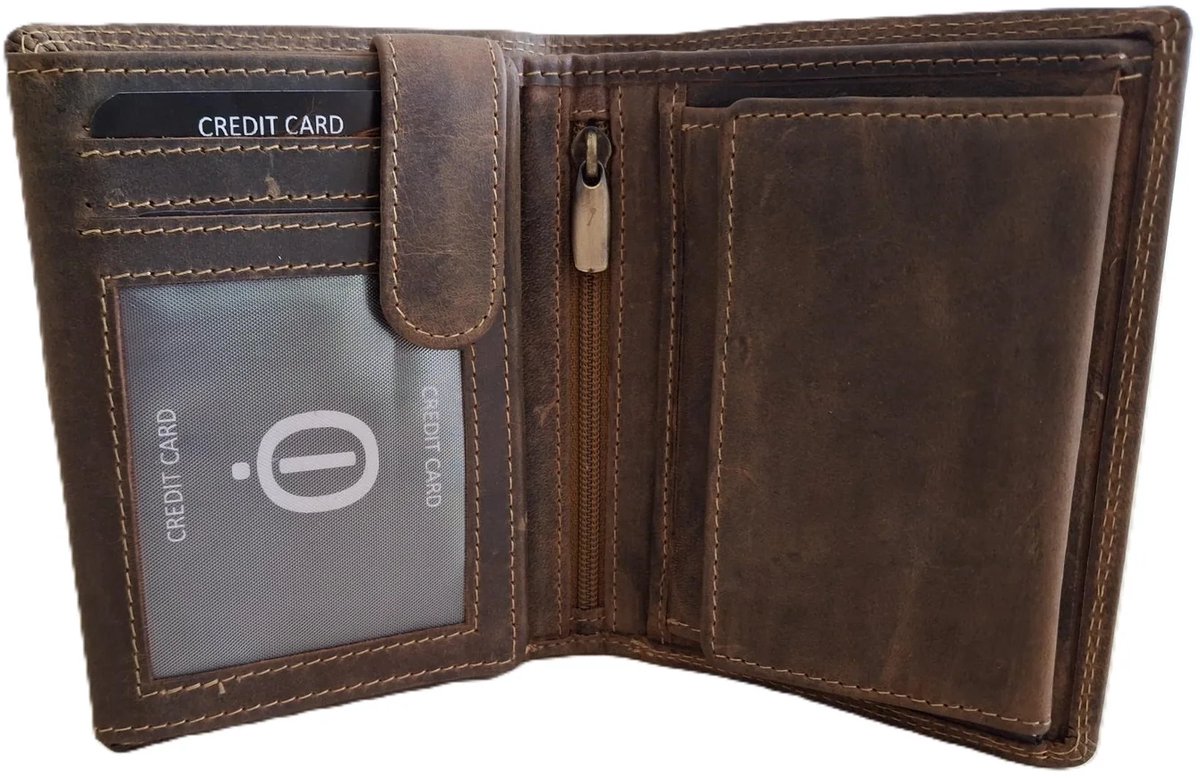 OI Hunter bruine leren billfold hoog model met wiener schachtel / uitgebreide portemonnee voor veel pasjes met vierkant vouwbakje voor muntgeld / anti skim / beurs met schudbak / Hunter bruin leer / 149H
