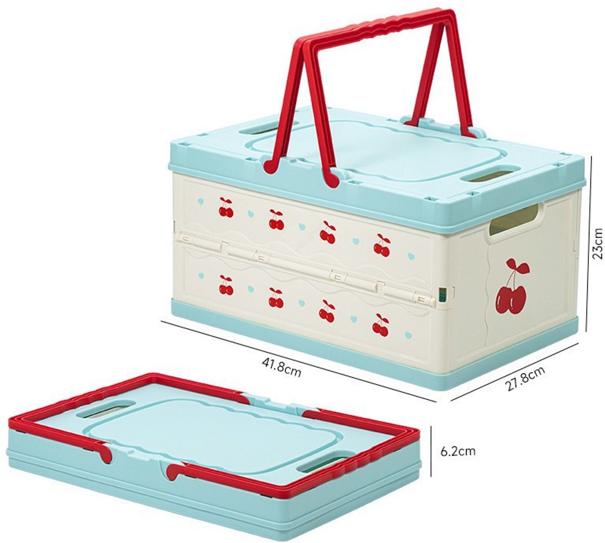 Grote plastic opbergmand met deksel, opvouwbaar, draagbare picknickmand, Geschikt voor kleding, boeken en diverse spullen (blauw en wit).