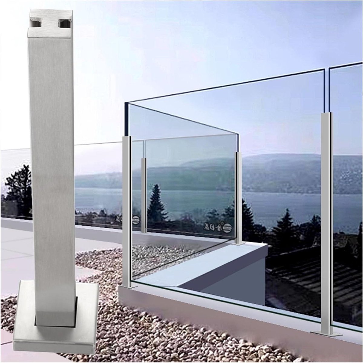 Glazen Balustrade Paal - Glazenhek Paal RVS Balustrade - Terras Afscheiding - Roestvrij Staal 304 - 115 cm hoog - Transparant