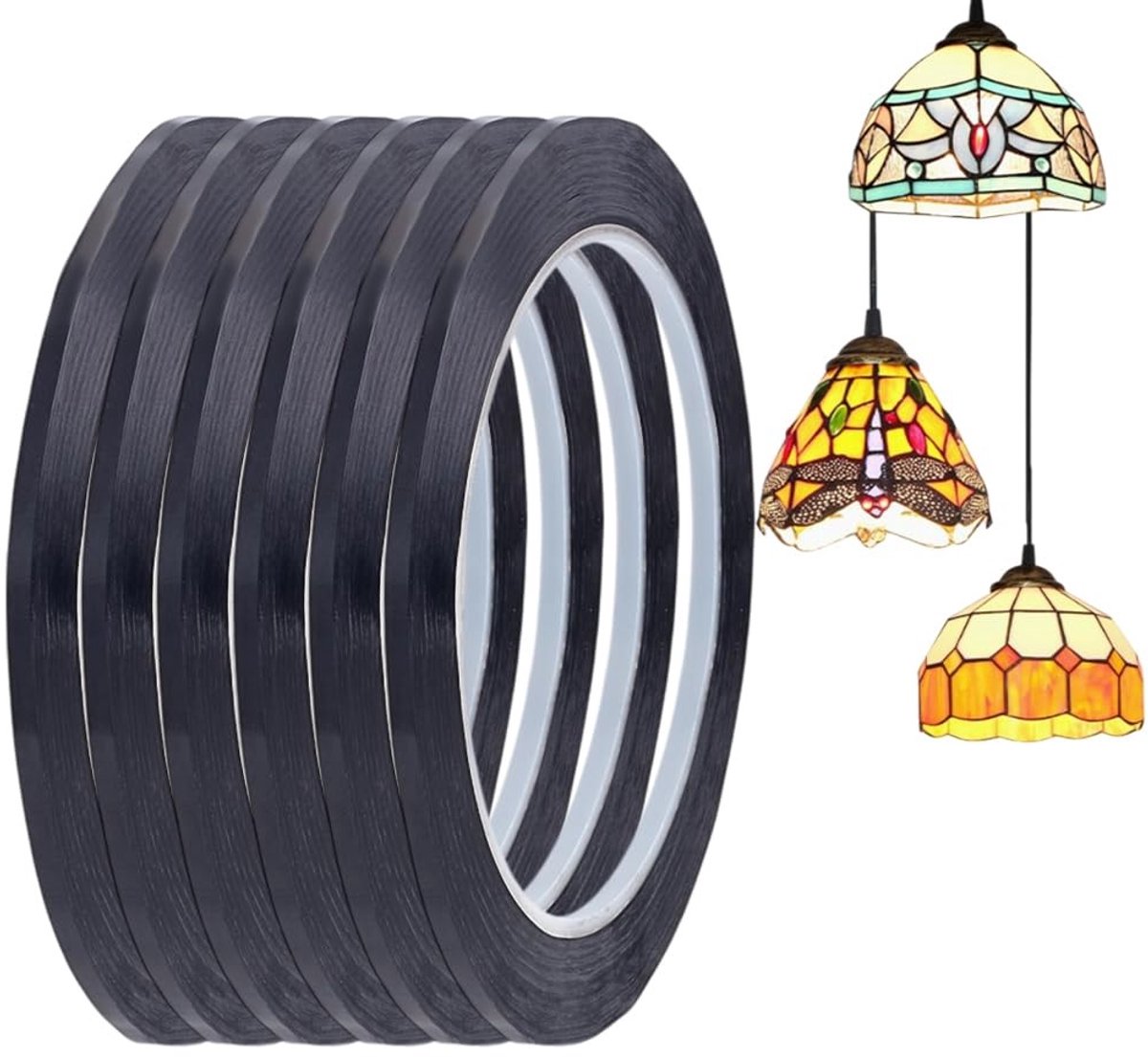 Dailygoods- Leidingsstrip Zwart - Zelfklevende Glaslijm - 66m/rol - 6 Rollen - 3mm Breed - Ideaal voor Kunstprojecten - Glaslijn
