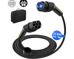 EV laadkabel - 22kW (e-mobility type 2 laadkabel 5m, IP55, 3-fase, mode 3 laadkabel met tas voor elektrische & hybride voertuigen)