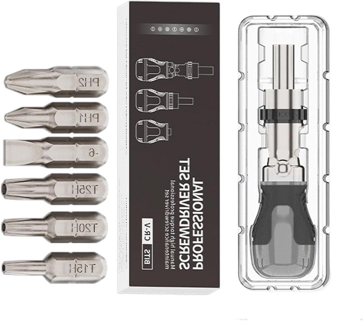 Ratelschroevendraaier Set - Verstelbare Schroevendraaier - Precisie Reparatie - 180 Graden Verstelbaar - 7 Stuks - Grijs