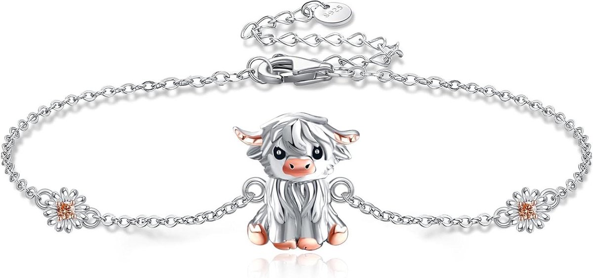 Highland Cow Anklet - Sieraden Dames - Dagelijks Gebruik - 925 Sterling Zilver - 7 x 7 x 1.8 cm
