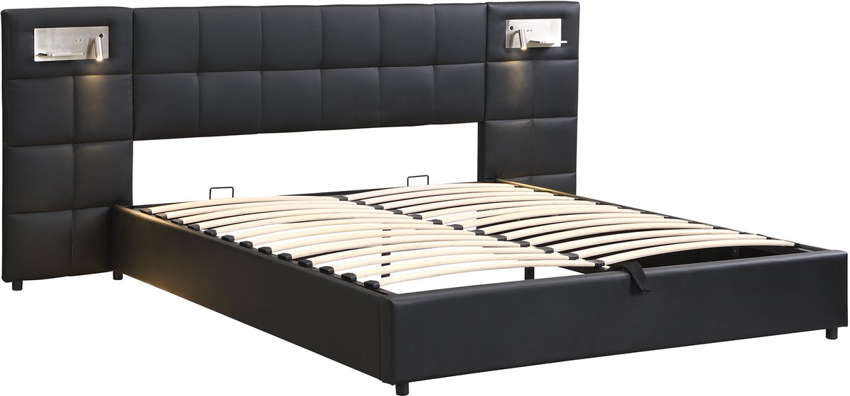 COVREO Bed 180x200 cm - zwart PU, opbergruimte, verlichting, zonder matras