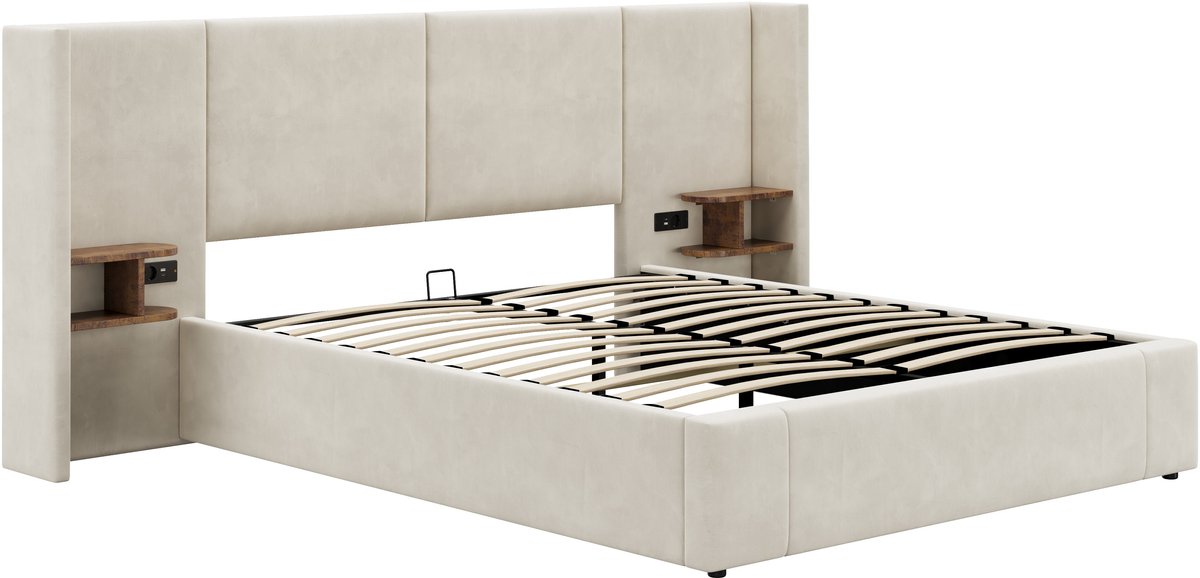 COVREO Bed 160x200 cm - beige, opbergruimte, USB, zonder matras