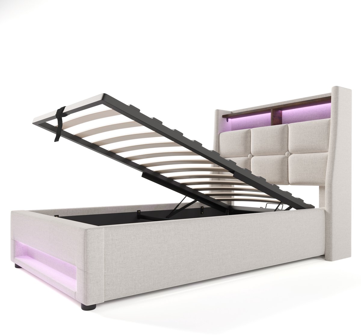 COVREO Bedframe 90x200 cm beige stof met LED en USB, zonder matras
