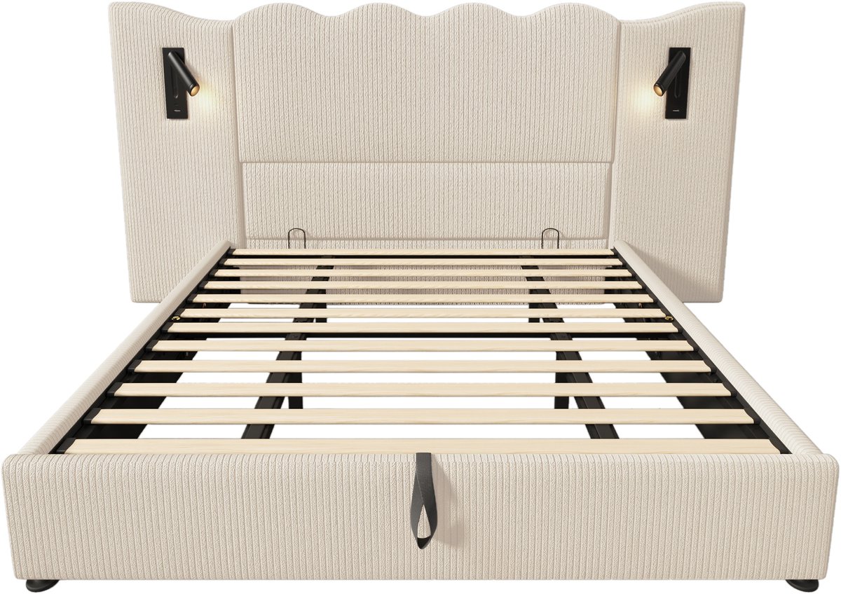 COVREO Bed 180x200 cm beige, stof en metaal met leeslamp en opbergruimte