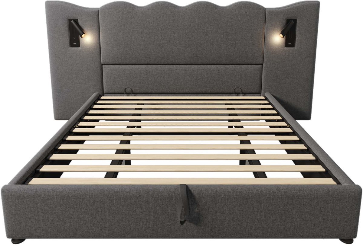 COVREO Tweepersoonsbed 180x200 cm - grijs, gestoffeerd, leeslamp, USB-C, opbergruimte, zonder matras