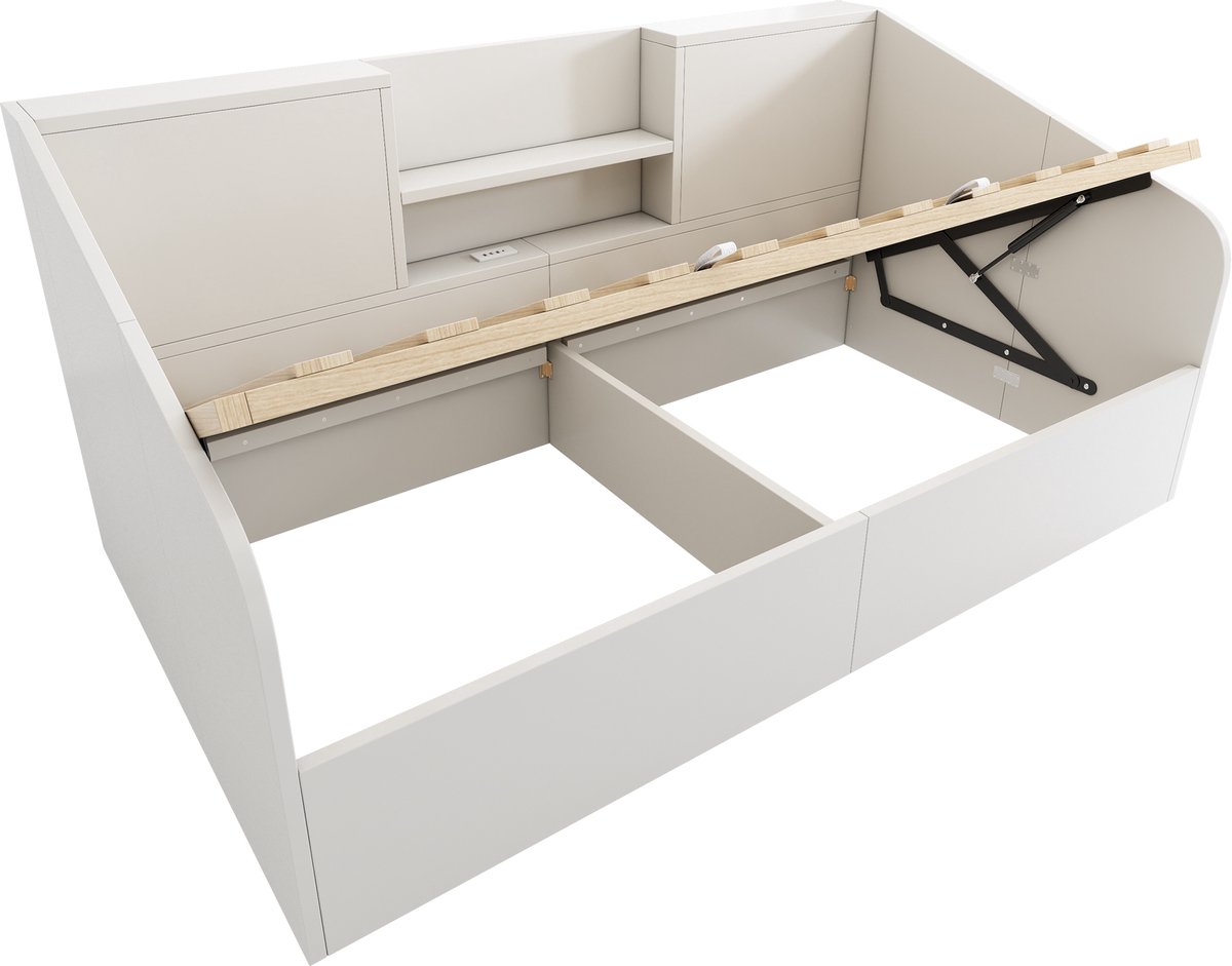 COVREO Dagbed 90x200 cm - wit, met opbergruimte, 2 open vakken, USB en Type-C, lattenbodem
